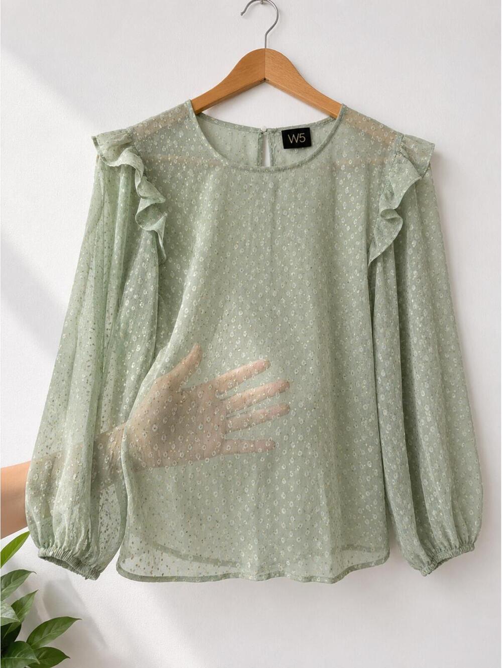 W5 Sage Green Sheer Swiss Dot Metallic Balloon Sleeve Top M